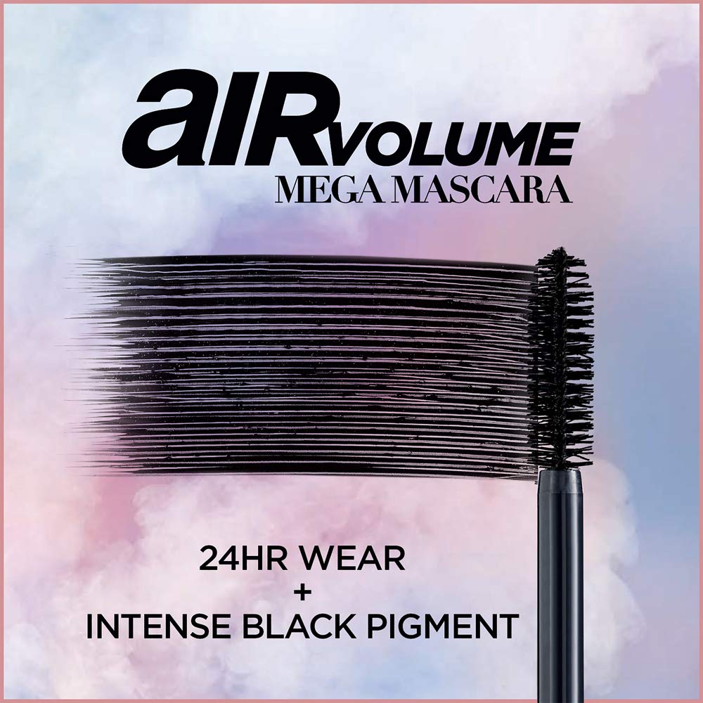 L’Oréal Paris Makeup Air Volume Mega Mascara, Lightweight & Long-lasting Volumizing Mascara for Voluminous Eyelashes, Waterproof Blackest Black, 0.3 Fl Oz (Pack of 2)