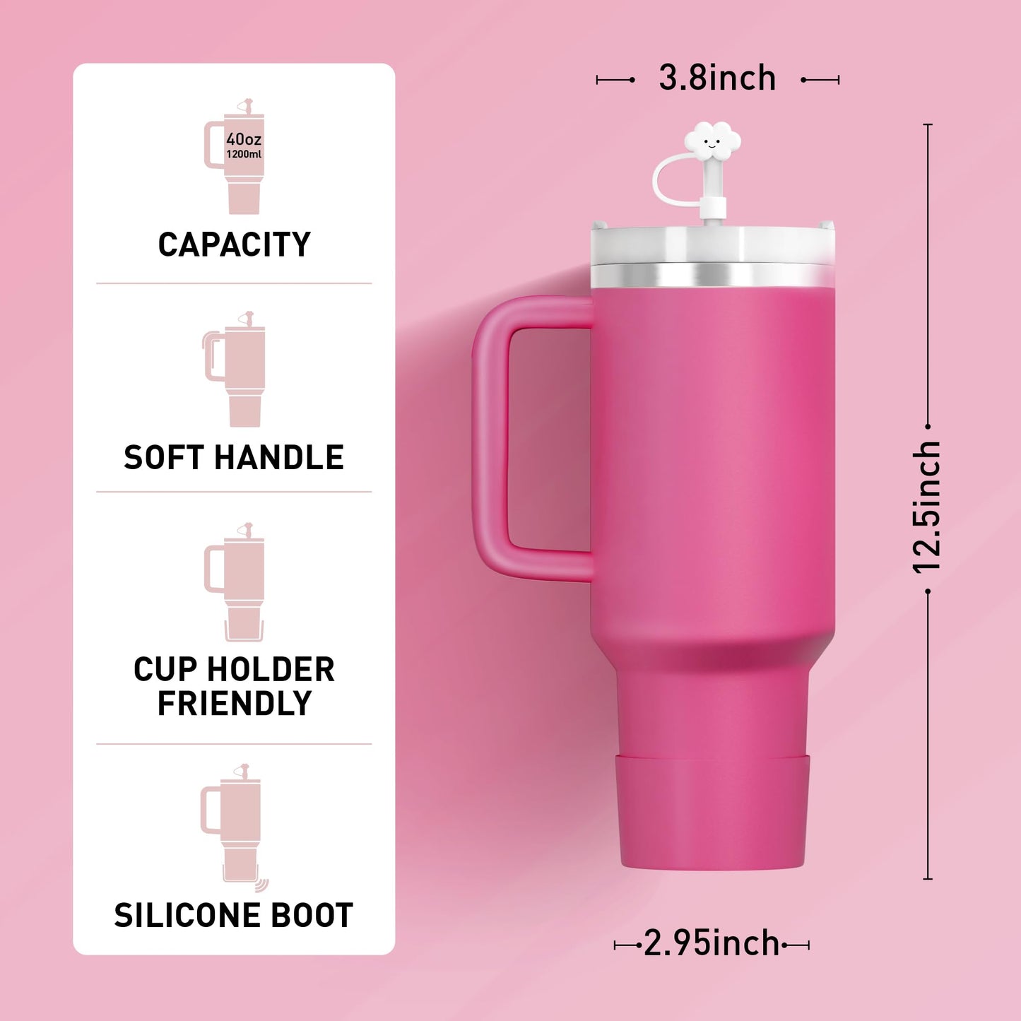 KISSKIND 40 oz tumbler with handlel and Straw Hot Pink Cup Lid Leak-proof Silicone Boot Straw Cover Cap Hot Pink Tumbler Stainless Steel Water Bottle Insulated Cup for Hot Cold Beverages