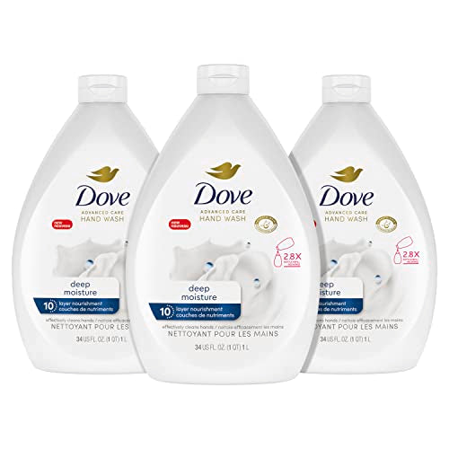 Dove Advanced Care Deep Moisture Hand Wash Pack of 3 for Soft, Smooth Skin More Moisturizers Than The Leading Ordinary Hand Soap, 34 oz and 4 Count 12 oz