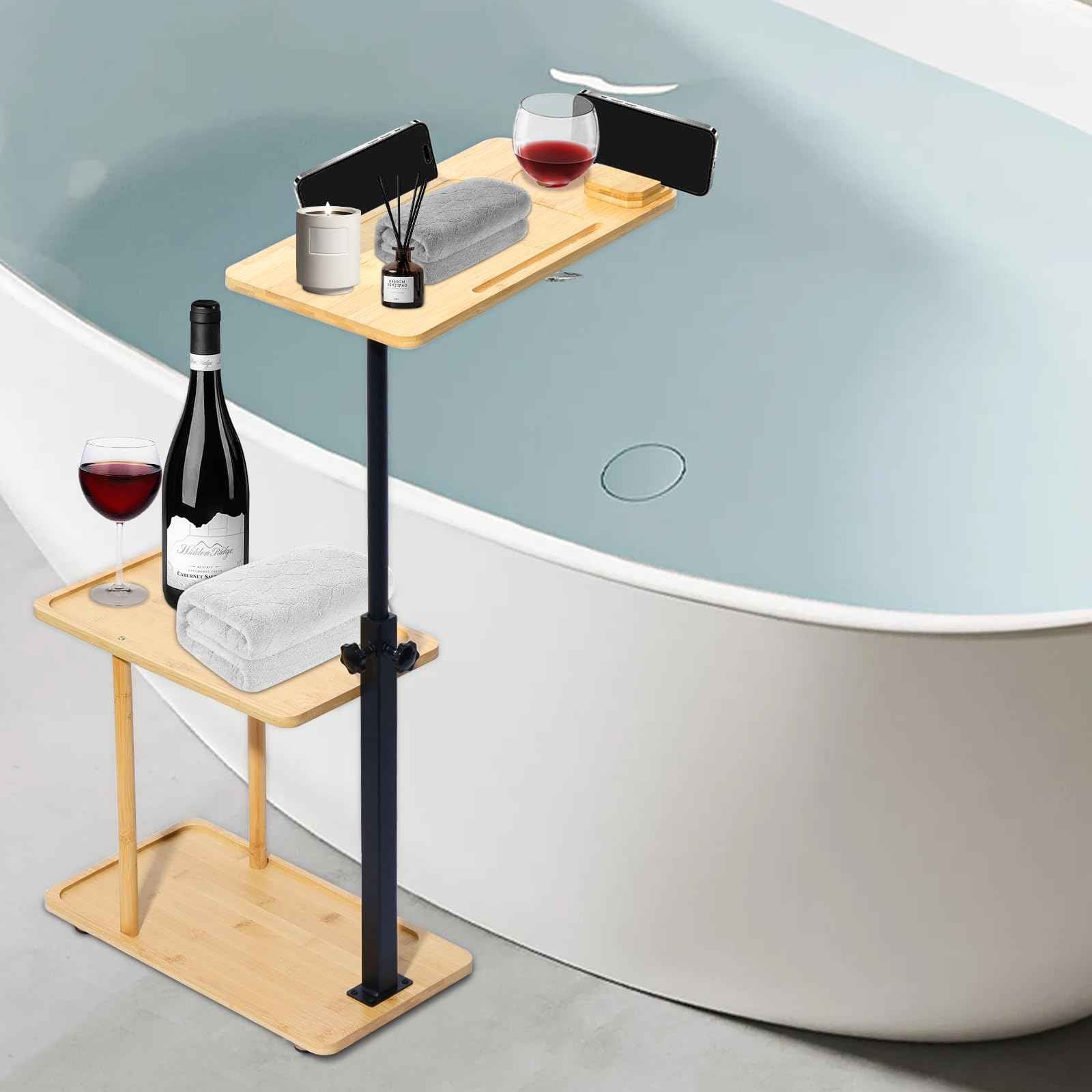 3 Layer Bath Tub Tray Table, Liftable Freestanding Bamboo Bath Tray Caddy for Tub Against Wall, Bath Table Tray Tub Shelf Bathroom Organizer Shelf for Luxury Spa and House Warming New Home