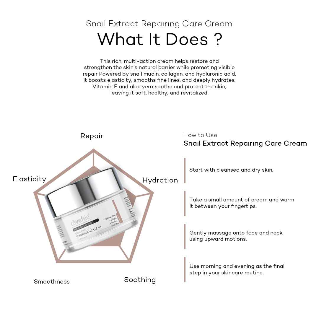 Snail Extract, Hyaluronic Acid, Collagen, Vitamin E, Aloe Vera, Snail Mucin Repairing Face Cream for All Skin Types. Revitalizing, Moisturizing and Hydrating Facial Moisturizer, Soft & Glowy Skin.