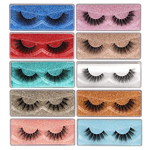 False Eyelashes Wispy 18 mm Natural 3D Faux Mink Lashes Pack 10 Pairs 10 Styles Mixed Soft Reusable Fake Eyelashes Bulk with Glitter Portable Boxes