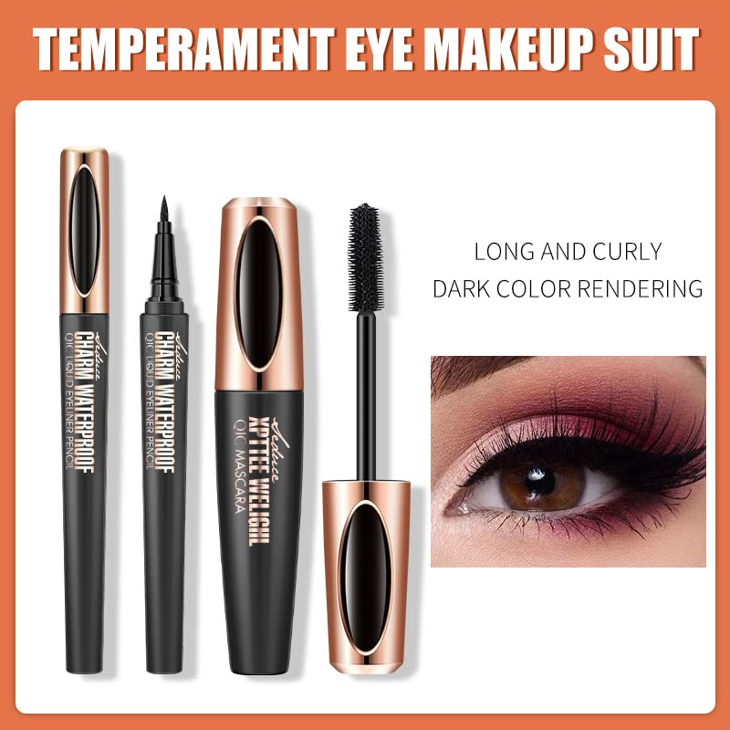 4D Silk Fiber Lash Mascara & Eyeliner Pen, Extension Voluminous Fiber Mascara Waterproof & Smudge-Proof Eyeliner, Long-Lasting No Flaking Natural No Clumping, All Day Exquisitely Full