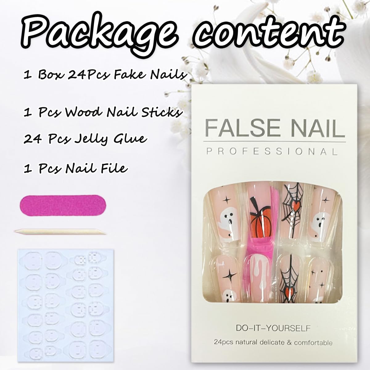 24Pcs Halloween Press on Nails Long Coffin Fake Nails Nude Pink Acrylic Nails Cute Ghost Pumpkin Spider Web Stick on Nails Supplies Full Cover Square False Nails for Women DIY Halloween Nail Decor