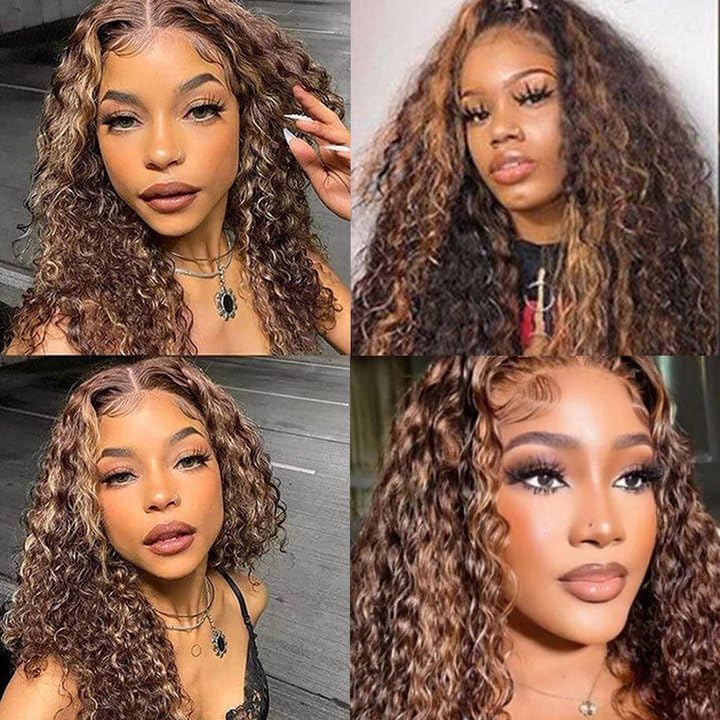 Freiuoke 300g Water Wave Human Hair Bundles - Brown Highlights 20-24 Inch