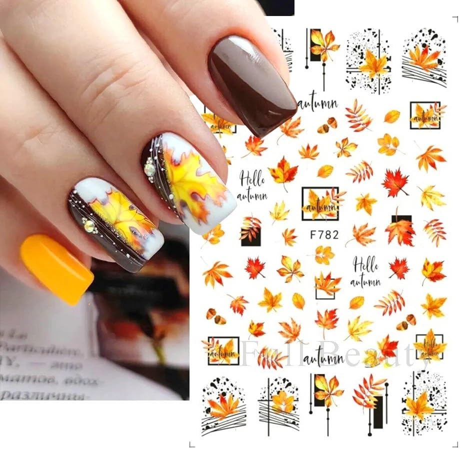 5 Sheets Gold Yellow Maple Leaf Nail Art Sticker Maple Leaf Nail Art Accessories Decals 3D Self-Adhesive Green Leaves Owl Nail Art Designs Supplies for Women DIY Thanksgiving Party Nail Decoration