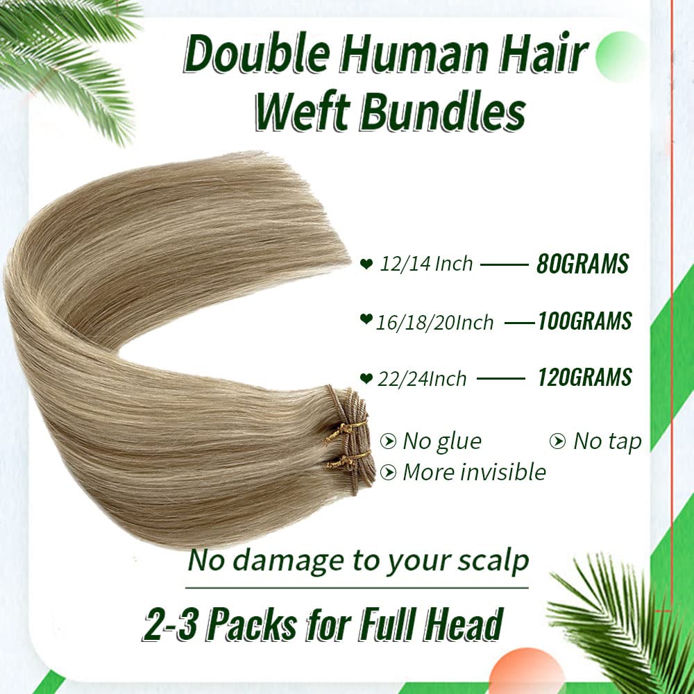 Weft Hair Extensions Human Hair Beige Blonde Mix Platinum Blonde Highlights Sew in Hair Extensions Real Human Hair Hand Tied Weft Hair Extensions 12inch 80g