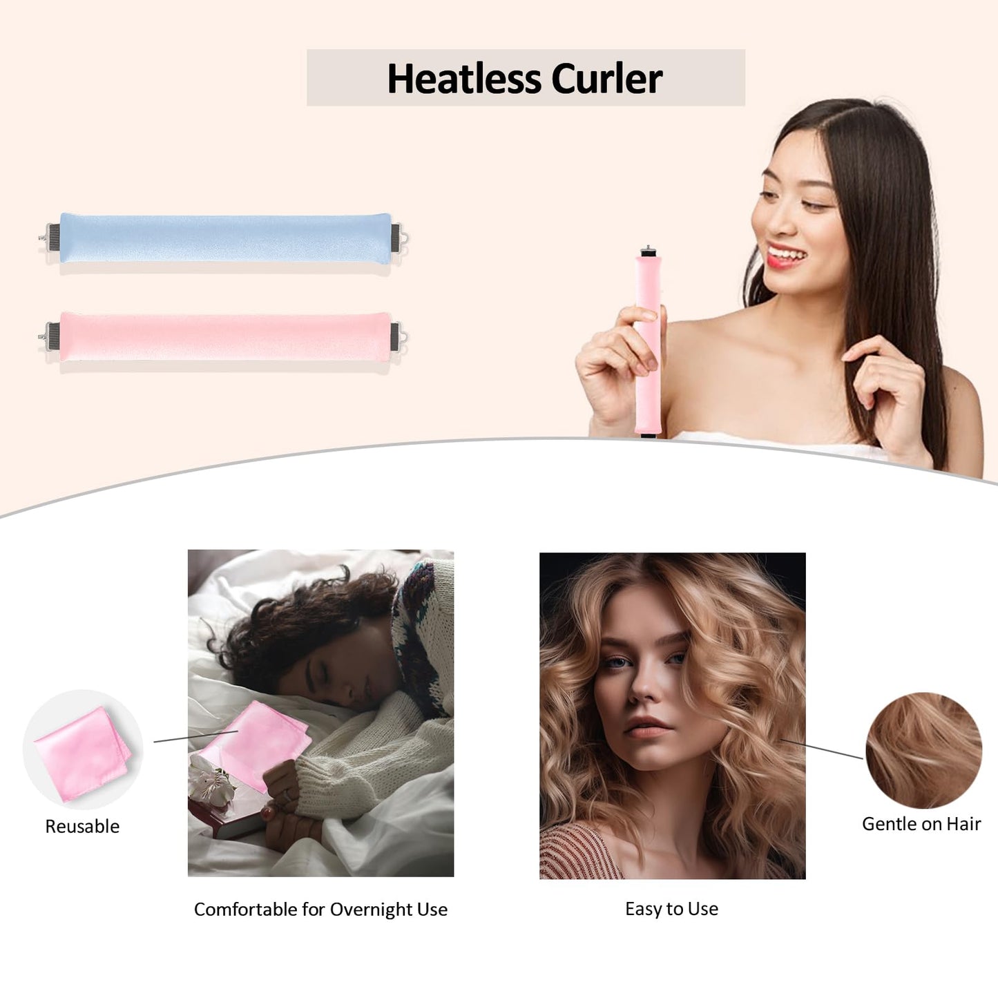 Beiskll Heatless Hair Curling Set, No-Heat Overnight Blowout Rods & Wraps for Long-Lasting Curls on All Hair Types (Pink+Blue)