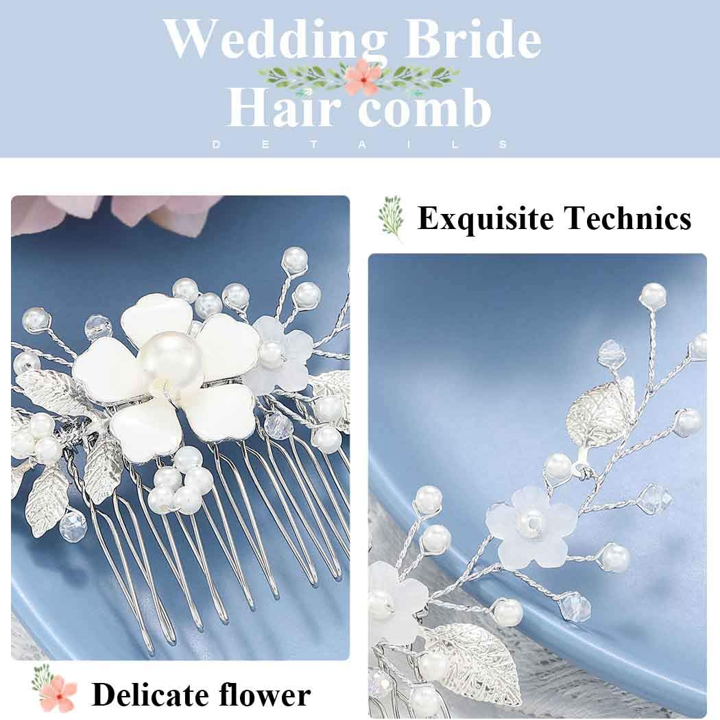 YBSHIN Flower Bride Wedding Hair Comb Silver Leaf Hair Pieces Pearl Bridal Hair Accessories for Women (Style 9)