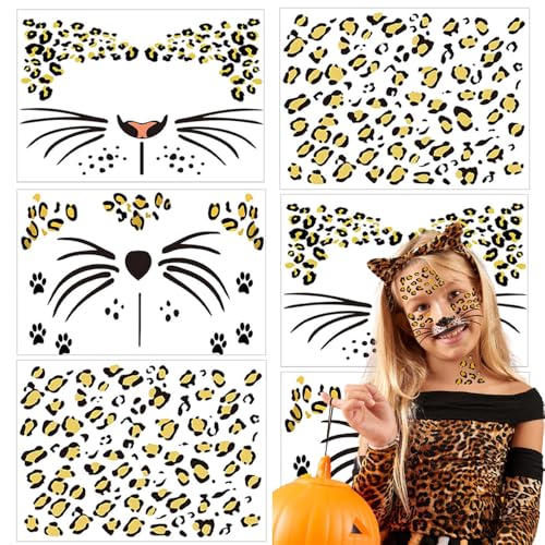 Leopard Print Temporary Tattoos - 6 Sheets Cheetah Face Stickers
