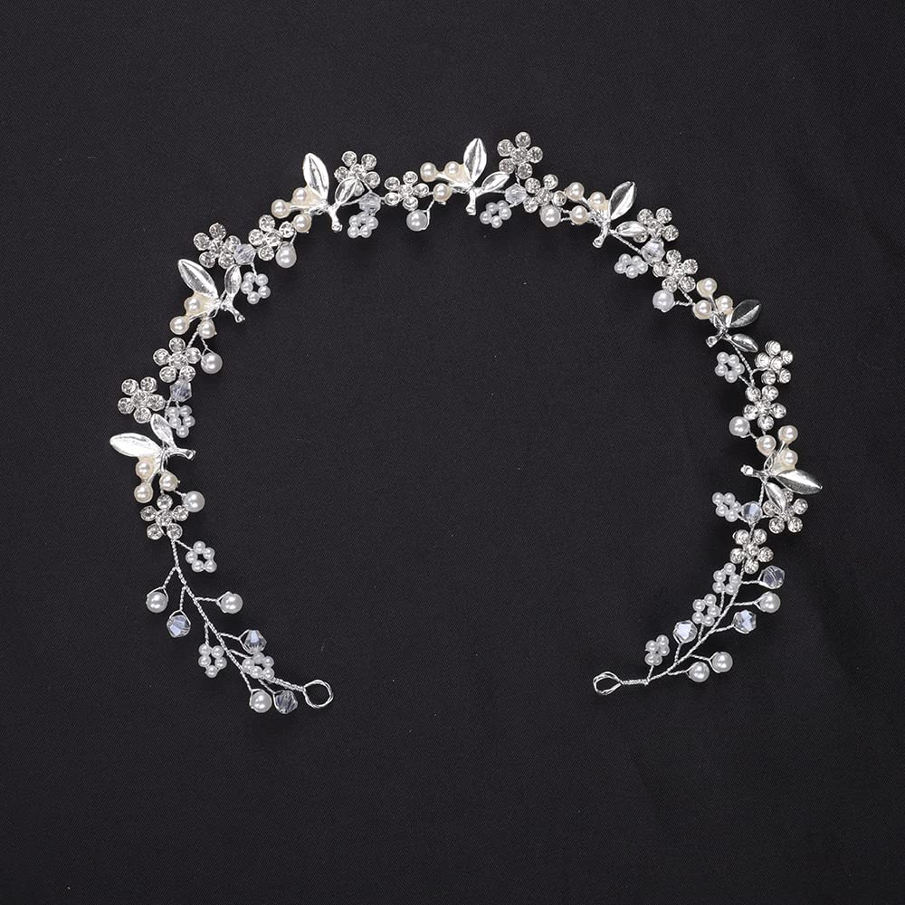 Jumwrit Flower Leaf Bridal Hairband Rhinestone Crystal Wedding Hairpiece for Women Girls Dainty Pearl Bridal Hair Accessories for Bride Bridesmaid