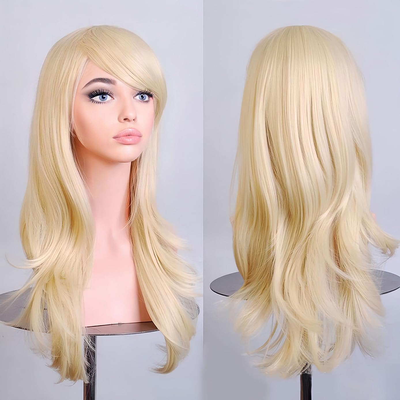 BERON Blonde Women Wigs Long Wavy Girls Wigs with Bangs Light Blonde Wave Heat Resistant Synthetic Wigs for Daily Wigs Wig Cap Included