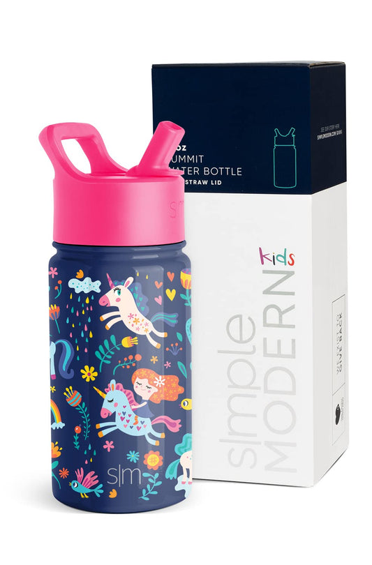 Simple Modern Kids Water Bottle with Straw Lid | Insulated Stainless Steel Reusable Tumbler for Toddlers, Girls | Summit Collection | 14oz, Unicorn Rainbows