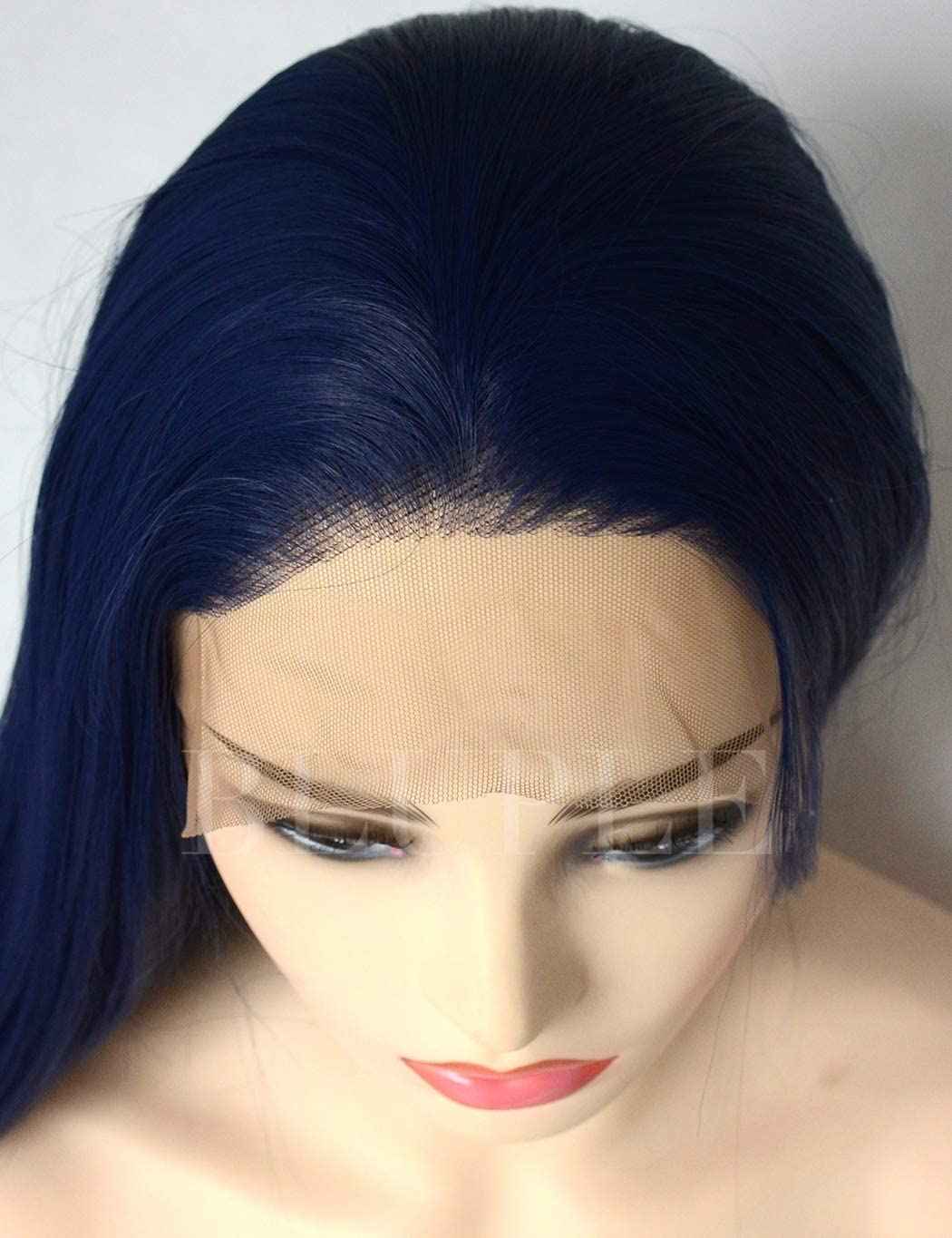 BLUPLE Dark Blue Lace Front Wigs Straight Trendy Heat Resistant Synthetic Hair Half Hand Tied Wigs for Cosplay Daily Wear (22 inches, Straight,Dark Blue)