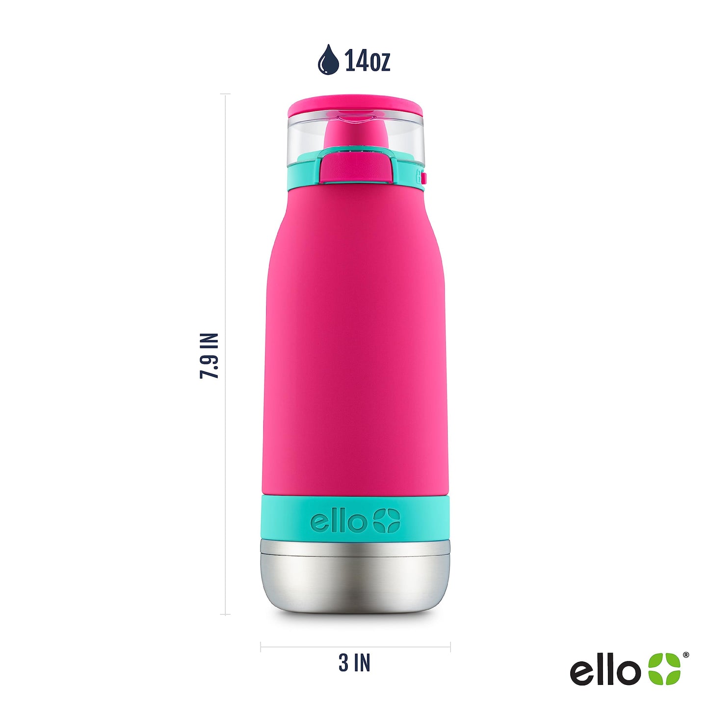 Ello Emma Vacuum Insulated Stainless Steel Water Bottle with Locking Leak Proof Lid and Soft Straw, BPA Free, Tropical Pink, 14oz