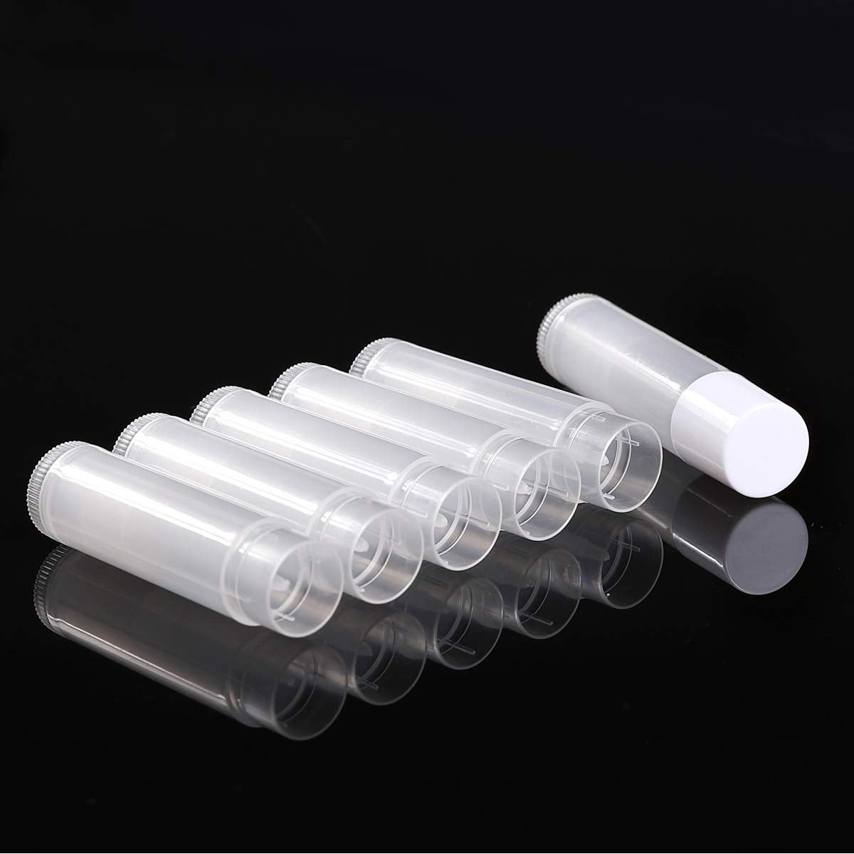 JIUZHU 100 Sets Empty Lip Balm Tubes Bulk Round with White Caps for DIY Lipstick homemade, 3/16 Oz (5.5 ml), Clear, BPA Free, 100 Tubes and 100 Caps