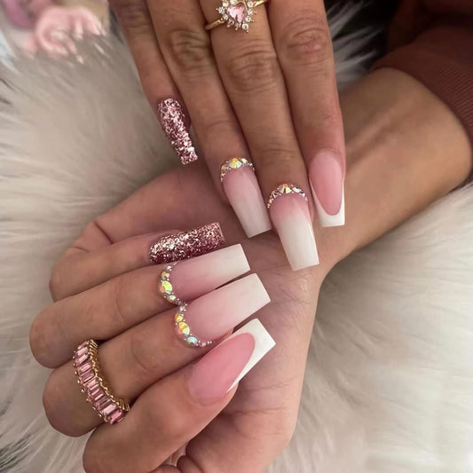 BABALAL Coffin Press on Nails Long White French Tip Fake Nails Shiny Ballerina Acrylic Nails Rhinestone Stick on Nails for Women and Girls