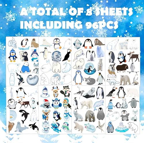 96 Arctic Animal Temporary Tattoos for Kids - Polar Bear, Penguin Designs
