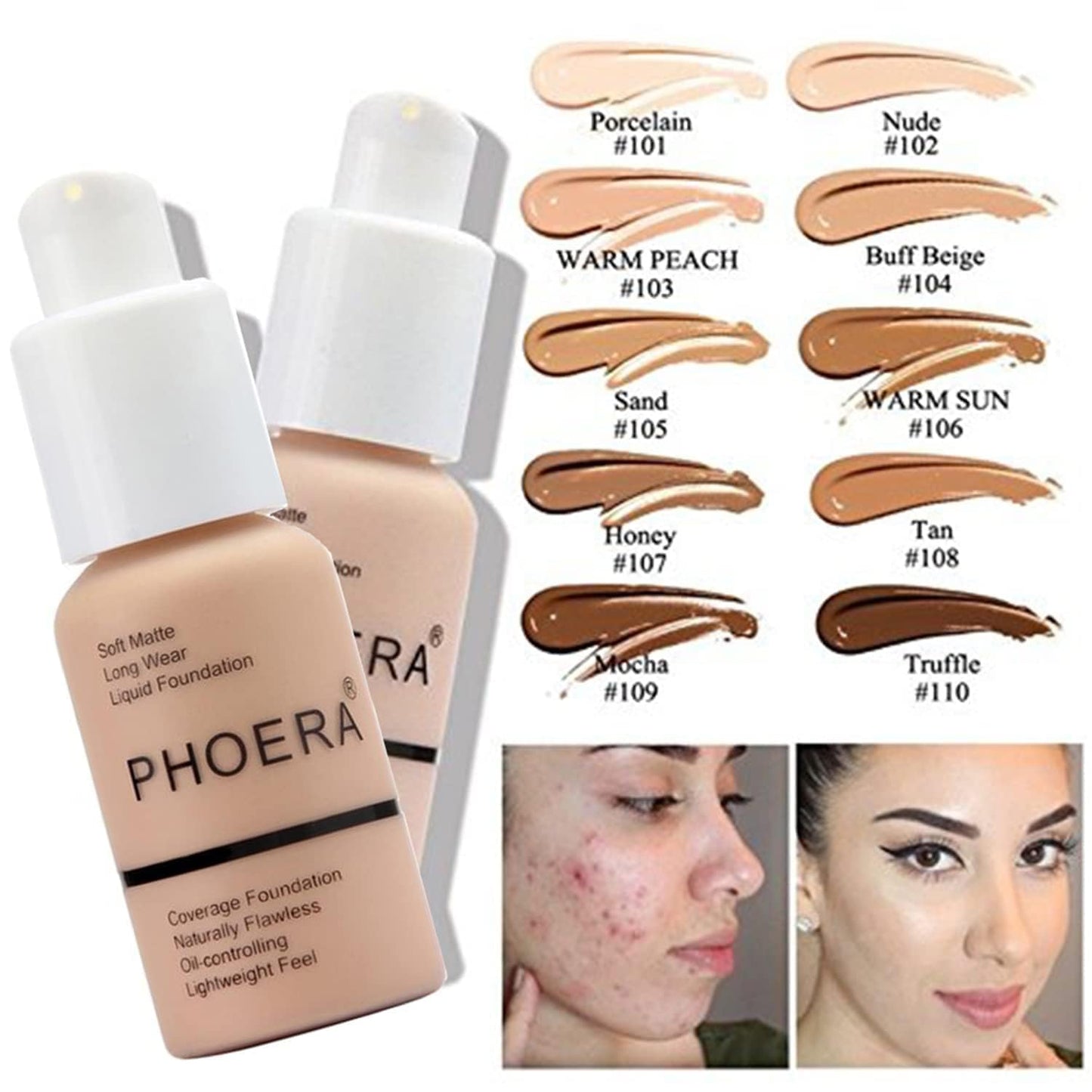 PHOERA Foundation, PHOERA Matte Liquid Foundation,PHOERA Makeup for Women, PHOERA Foundation Full Coverage Concealer, 30ml 24HR Matte Oil Control Concealer (109-Mocha)