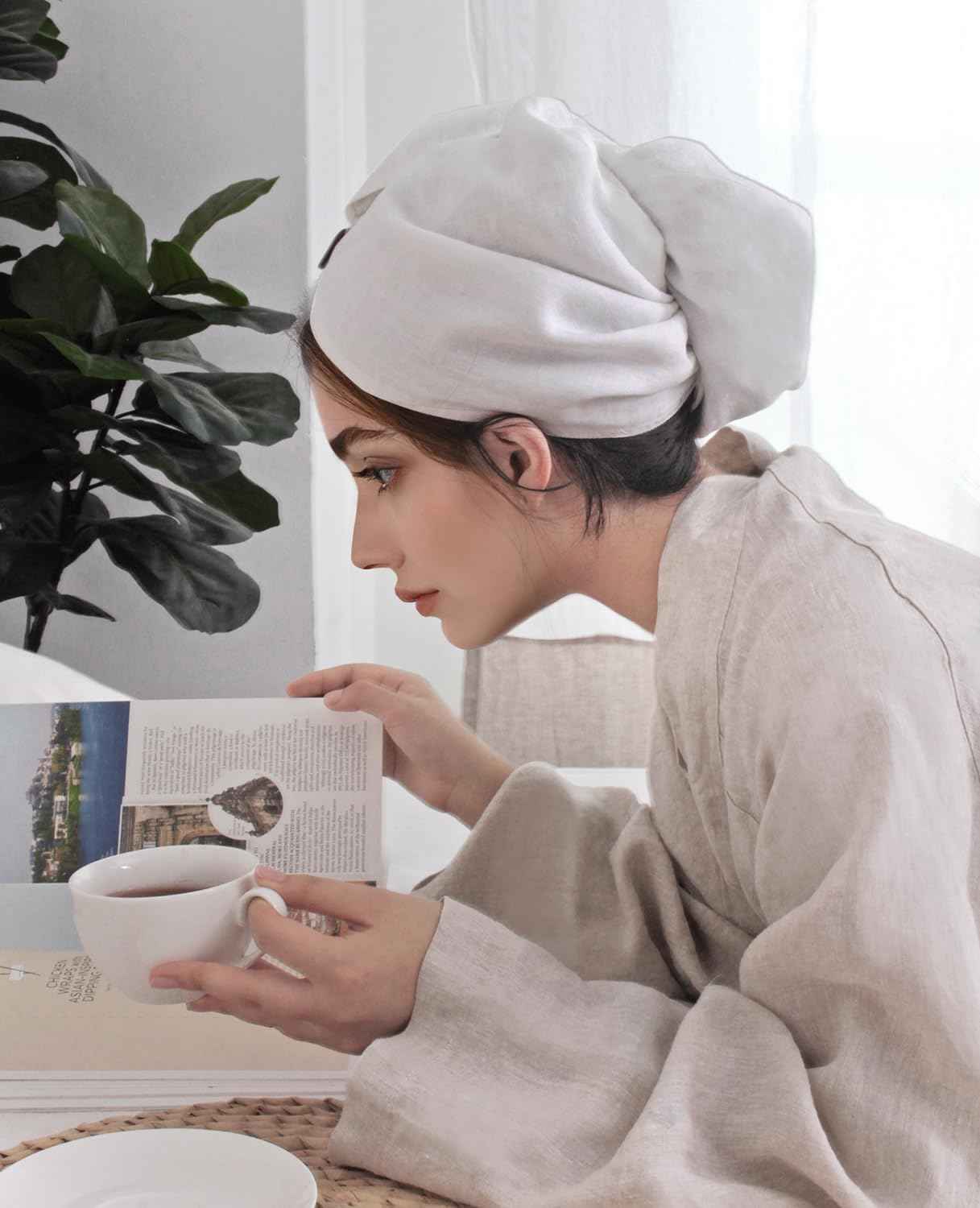 S VICTORY SYMBOL 100% French Pure Linen 2 Pack (Charcoal Grey + White) Hair Wrap Towel for Drying Your Hair Super Absorbent Quick Dry Hair Stone-Washed Sustainable Original Linen Hair Turban