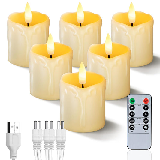 Homemory Rechargeable Flameless Candles with Timer Remote, 2" x 2" Realistic Battery Operated LED Votive Tea Lights, 6Pack Electric Fake Candle in Warm White (USB Charging Cable Included)