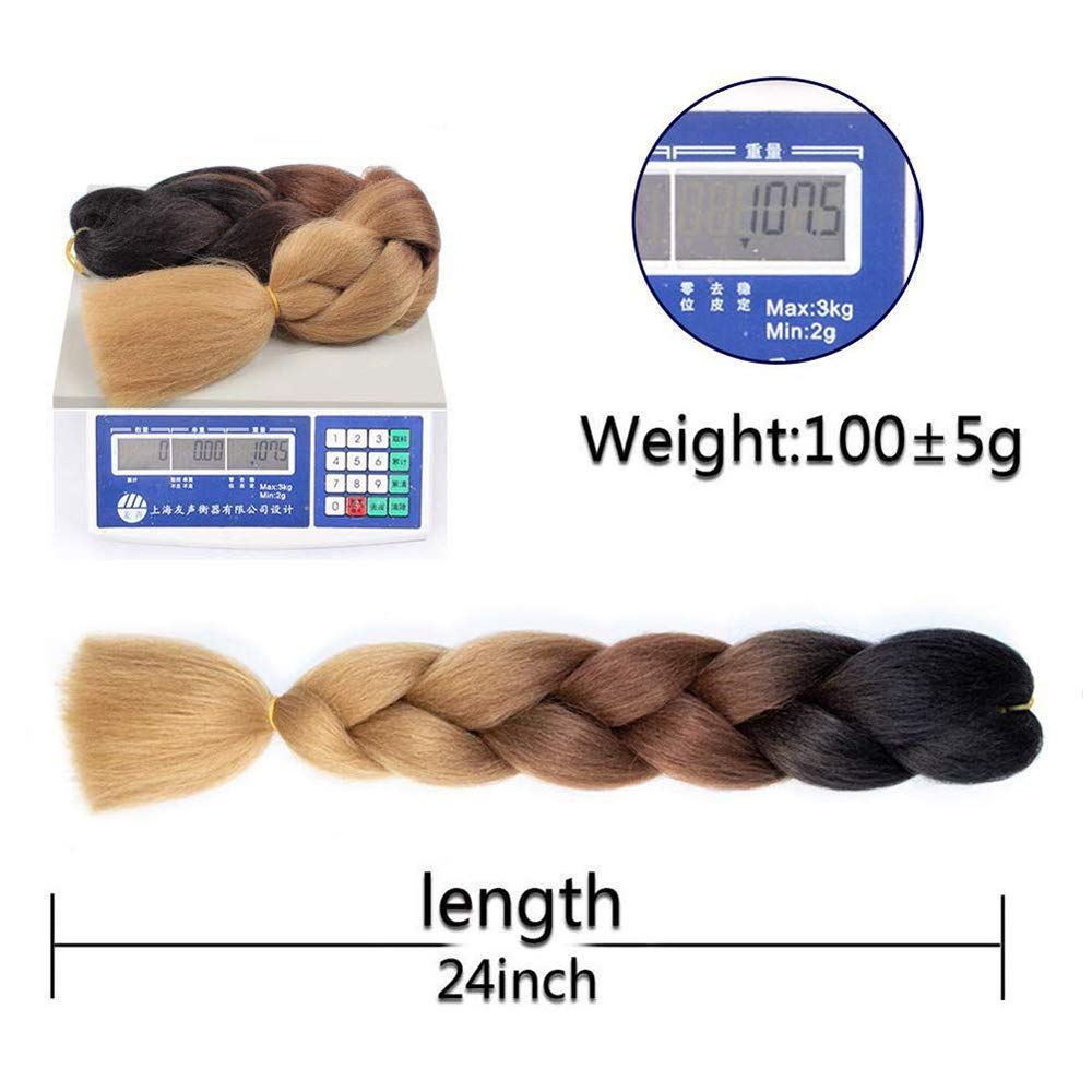 SHUOHAN 6 Packs Ombre Jumbo Braiding Hair Extensions 24 Inch High Temperature Synthetic Fiber Hair Extensions for Box Braids Braiding Hair (Black to Deep Brown)