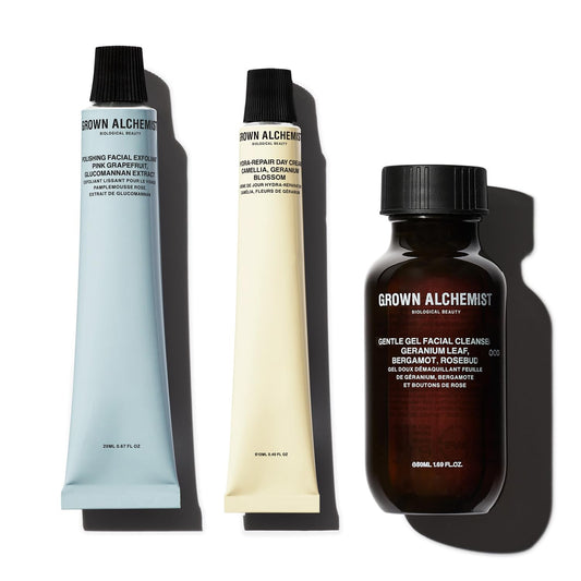 Grown Alchemist Travel Set of facial Skincare with Gentle Gel Cleanser, Polishing Facial Exfoliant & Hydra Repair Day Cream