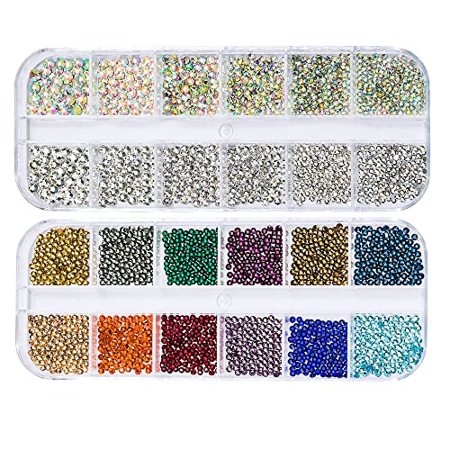 6Grids 3000Pcs Flatback Rhinestones, Champagne Color Nail Gems Crystals Jewels, Craft Glass Diamonds Stones Bling Rhinestone with Tweezers and Picking Pen for Nail Face Makeup(1.8mm~4mm Crystal)