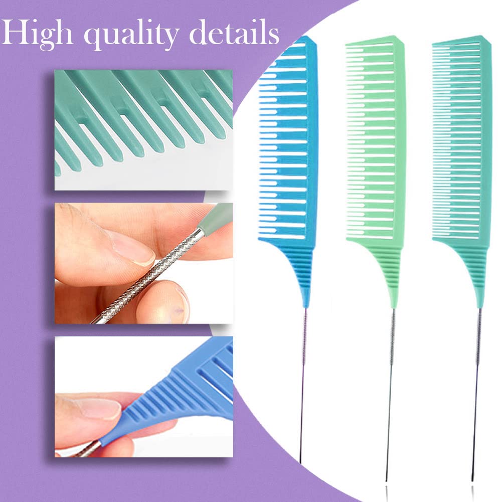 SKYPIA 3 Piece Professional Dyeing Hair Comb Set with Long Stainless Steel Rat Tail Combs for Hair Stylists (Blue & Green)