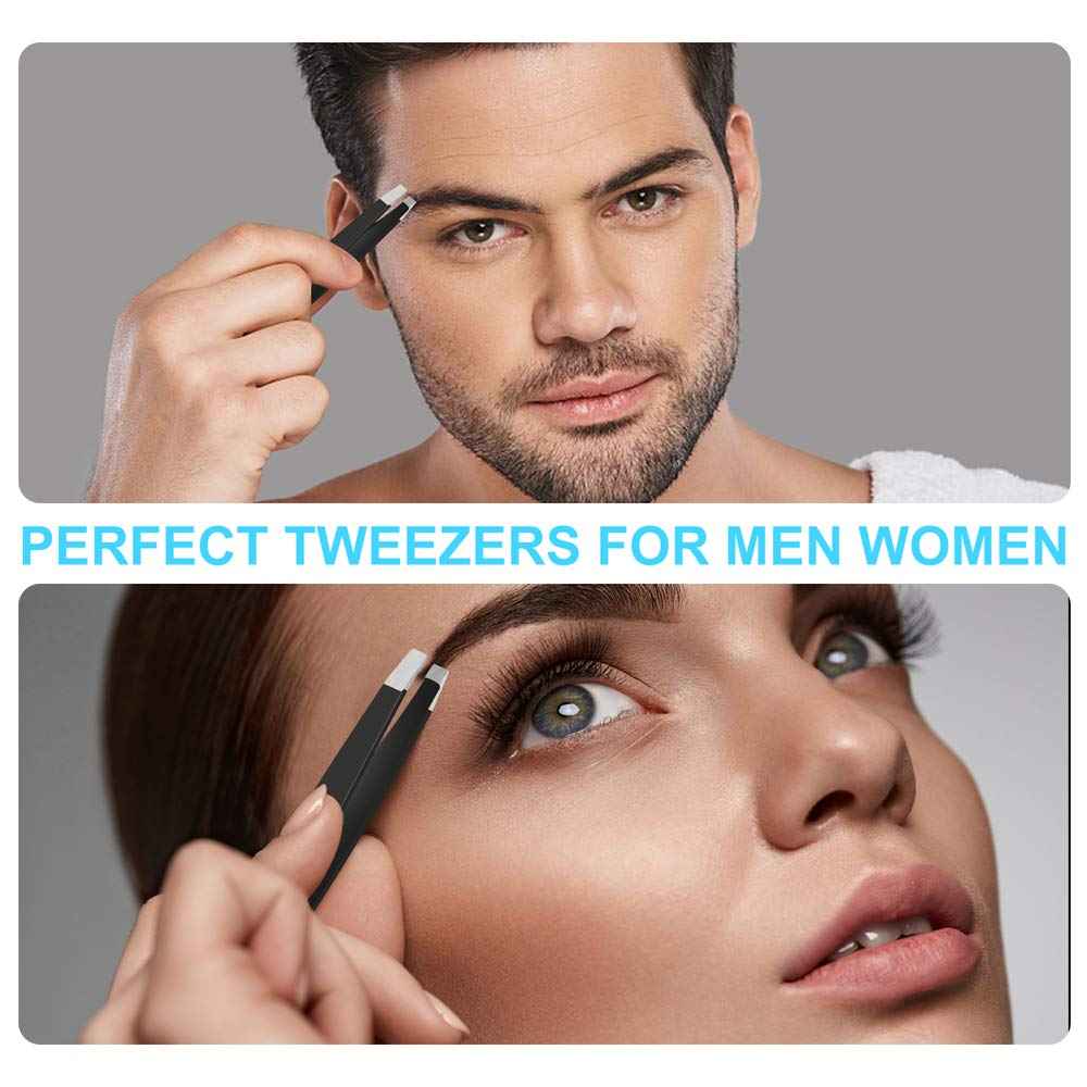 UUBAAR 6 PCS Professional Tweezers Set - Stainless Steel Precision Tweezer Kit for Eyebrows, Facial Hair, Ingrown Hair & Splinter Removal with Travel Case (Black)