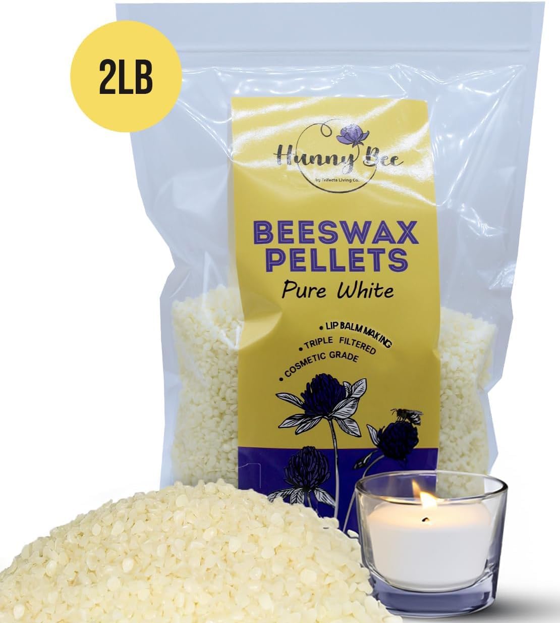 HUNNYBEE Beeswax Pellets 2LB, 100% Pure Bees Wax for DIY Candles, Skin, Body Cream, Face, and Hair Care, Lotions Deodorant, Lip Balm and Soap Making (Pure White, 2 lbs)