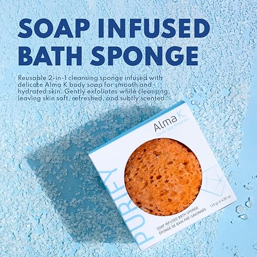 Alma K Soap Infused Bath Sponge - Bath & Shower Loofah for Women - Exfoliating Body Scrubber with Sweet Almond and Aloe Vera - White Tea and Neroli Scent - Use 20 Plus Times - 4.05 oz