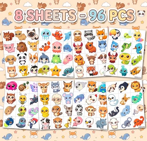 96 PCS Kawaii Animals Temporary Tattoos for Kids