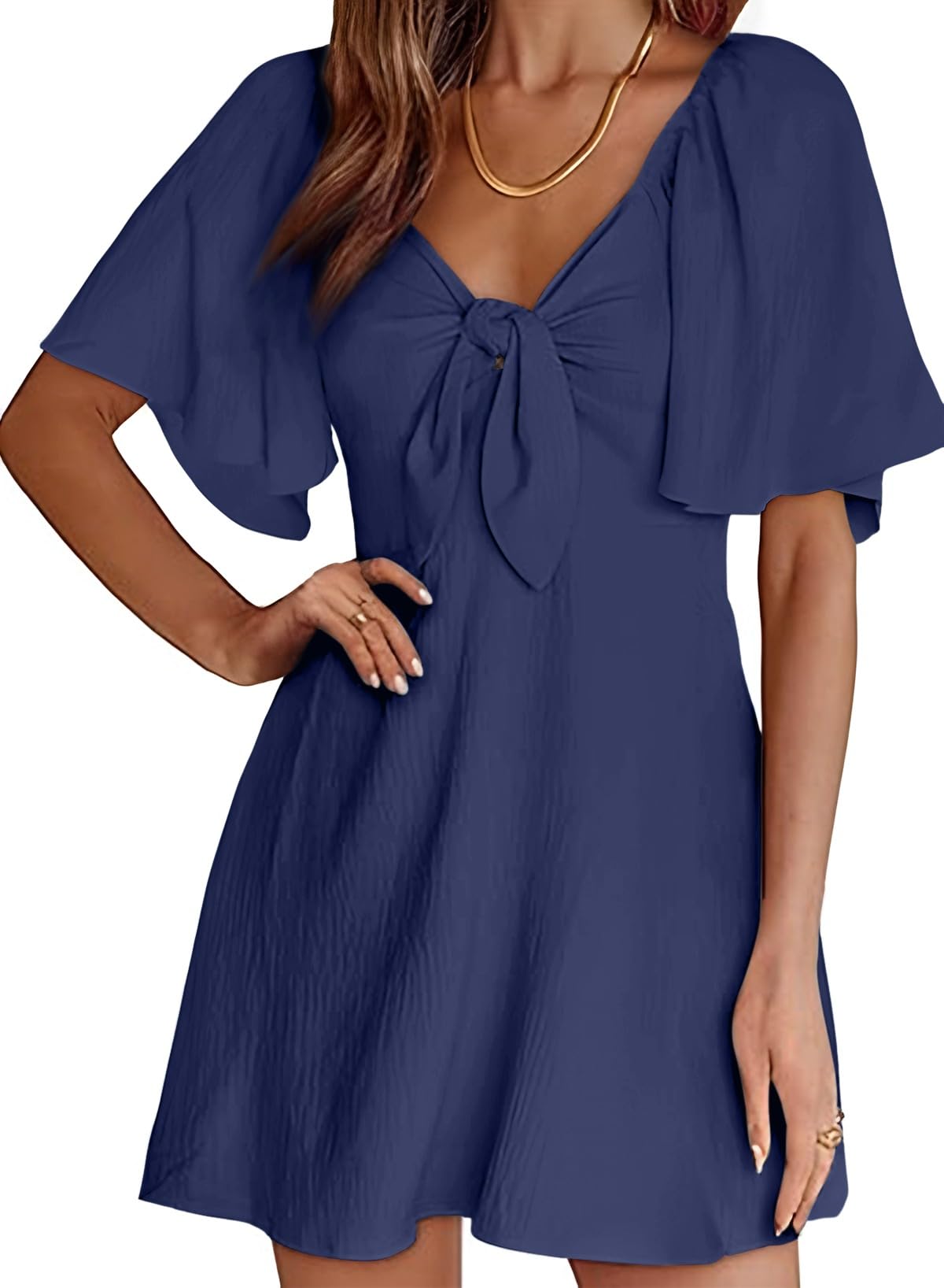 Dokotoo Navy Blue Women's Dresses Cute Fall Outfits Dresses for Women 2024 Fashion Casual Sexy Deep V Neck Ruffle Elegant Flowy Mini Short Skirt Dress Clothes Blue