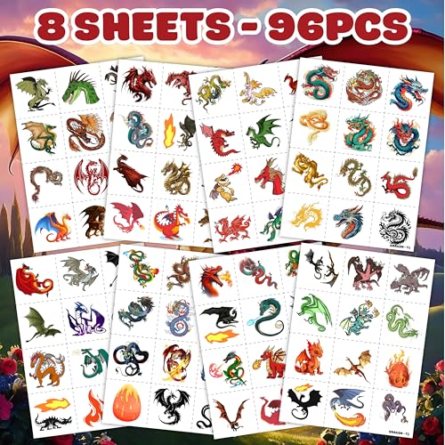 96 Pcs Dragon Temporary Tattoos for Kids Party Favors