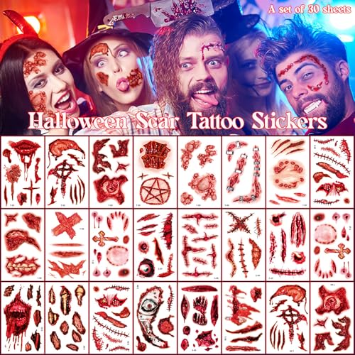 30PCS Realistic Temporary Scar Tattoos - Halloween Fake Wounds