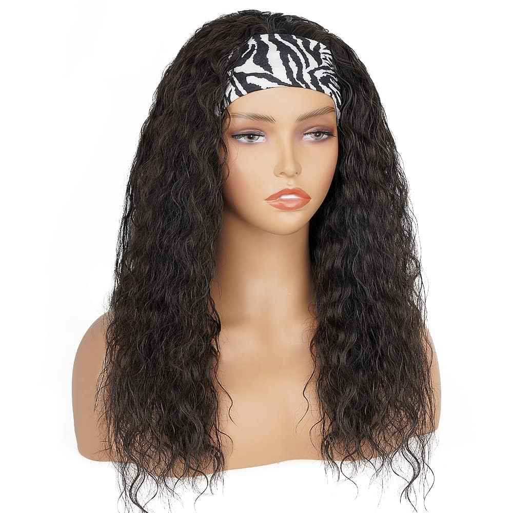 Emistar Curly Headband Wigs for Black Women Wet and Wavy Afro Headband Wig Water Wave Blend Human Hair & Synthetic Hair Ready to Go Glueless Half Wigs 180% Density (#1B, 8 Inch)