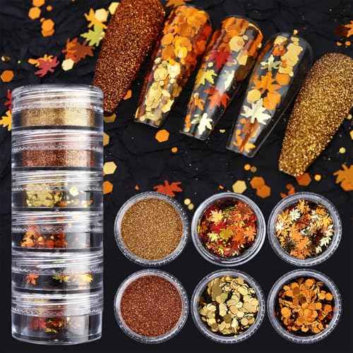 6-Grids Fall Maple Leaf Nail Art Glitter Sequins 3D Holographic Gold Orange Leaf Flakes Thanksgiving Supplies for Acrylic Nails Autumn DIY Decorations