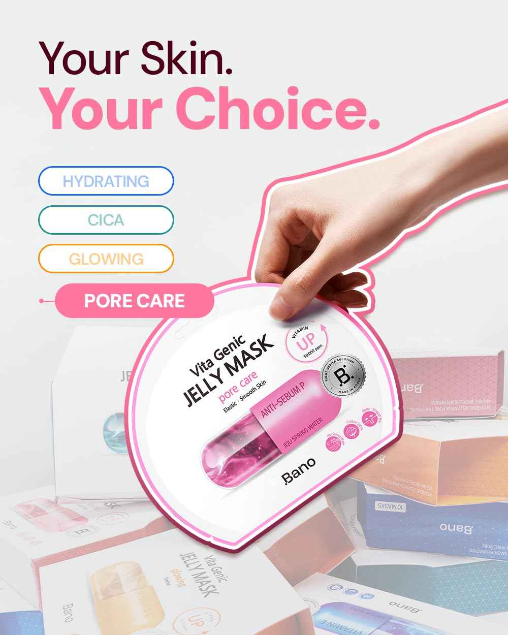 Bano Vita Genic Jelly Face Pore Care Mask 10EA – Hydrating Sheet Mask for Sensitive Skin, Korean Glass Skin Care with Spring Water, Vitamin C and Niacinamide, Sebum Control, Fragrance-Free