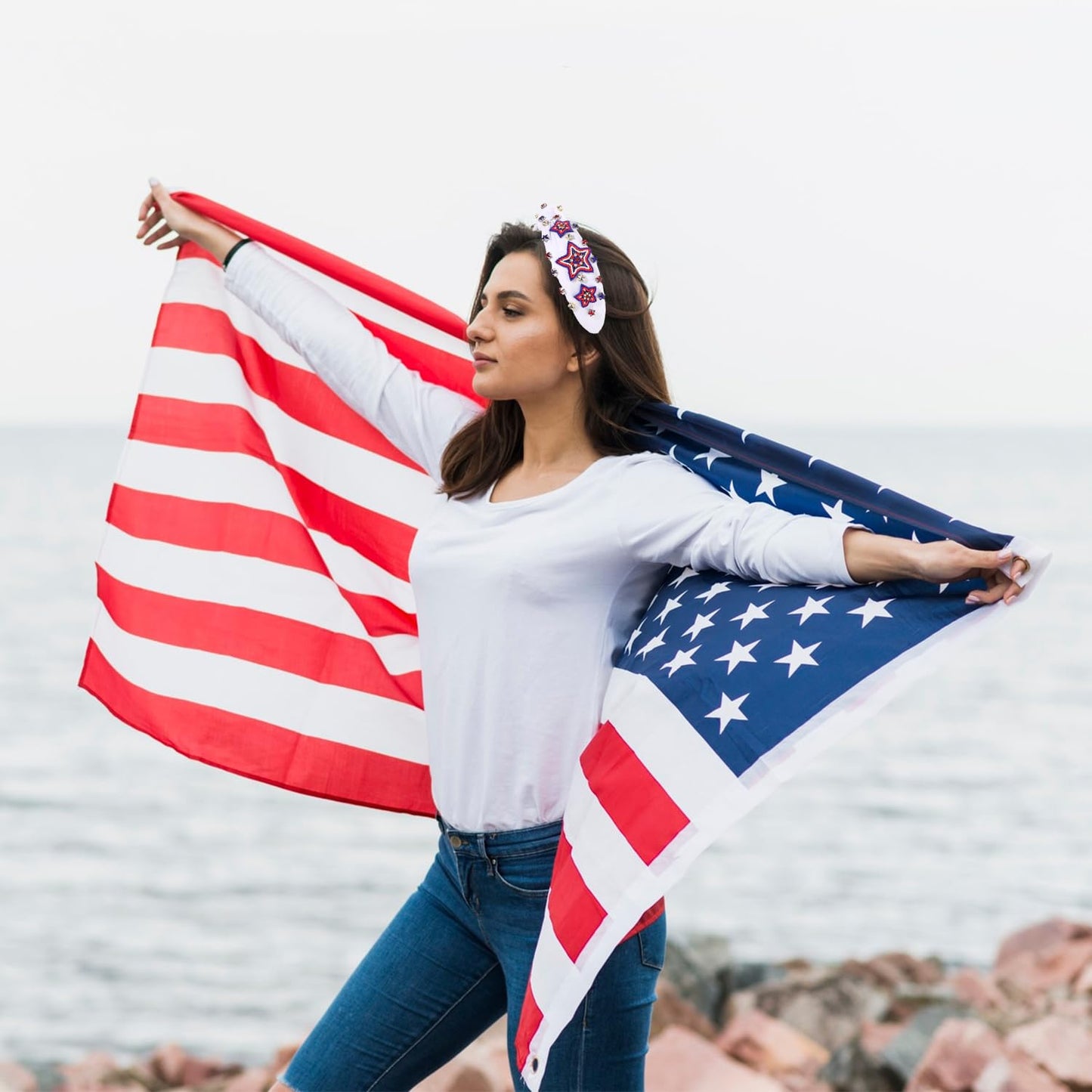 CEALXHENY 4th of July Headbands for Women, American Flag Patriotic Rhinestone Pearl Knotted Beads Embellished Jeweled White Headband Holiday Gifts