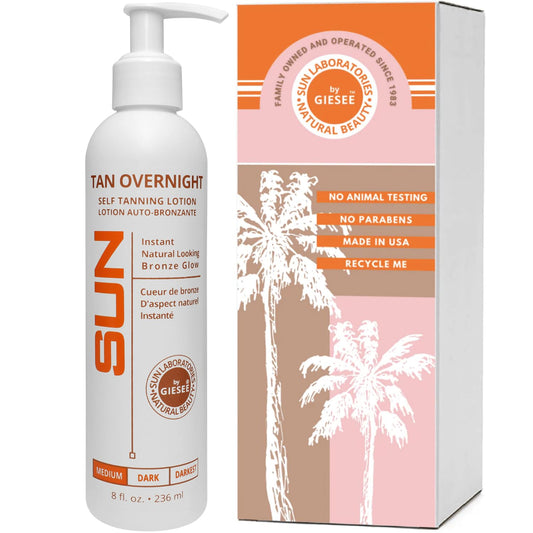 Sun Laboratories By Giesee Tan Overnight Sunless Tanning Lotion 8 oz - Self Tanner, Self Tanning Lotion, Face Tanner - Natural, Long Lasting, Instant Dark Bronzer, Gradual Tan for Sun-Kissed Glow