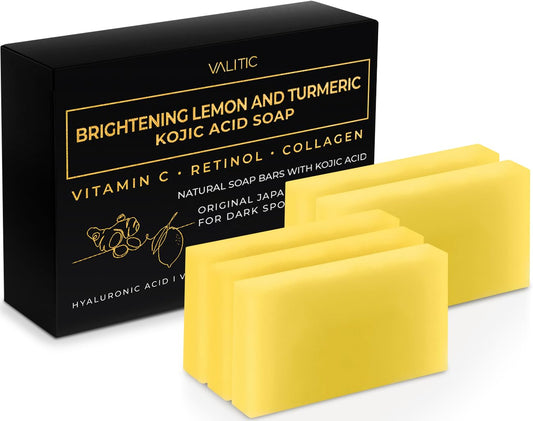 VALITIC Brightening Lemon & Turmeric Kojic Acid Soap with Vitamin C, Retinol, Collagen - Original Japanese Complex Infused with Hyaluronic Acid, Vitamin E, Shea Butter, Castile Olive Oil (5 Pack)