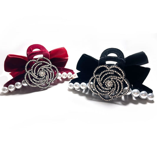 Fuyunohi 2 Pack Large Hair Claw Clips for Thick Hair,Flower Claw Clip with Pearl, Black/Red Velvet Hair Clips Hair Accessories for Women and Girls "