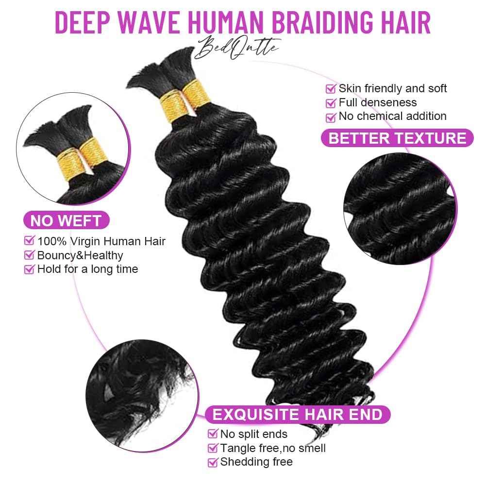 18 Inch Human Braiding Hair for Boho Braids 110g Natural Black 18Inch No Weft 2 Bundles/Pack Deep Water Wave Boho Bulk Human Hair for Knotless Braiding Curly Water Wave Hair