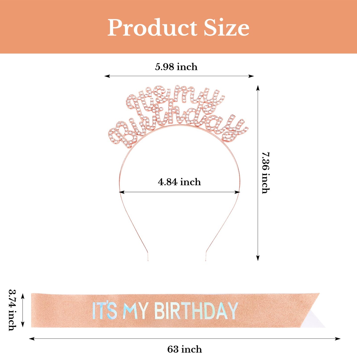 BAHABY It's My Birthday Sash & Birthday Headband Set Rhinestone Tiara Birthday Gifts for Women Girls Sweet Happy Birthday Accessories for Party- Rose Gold