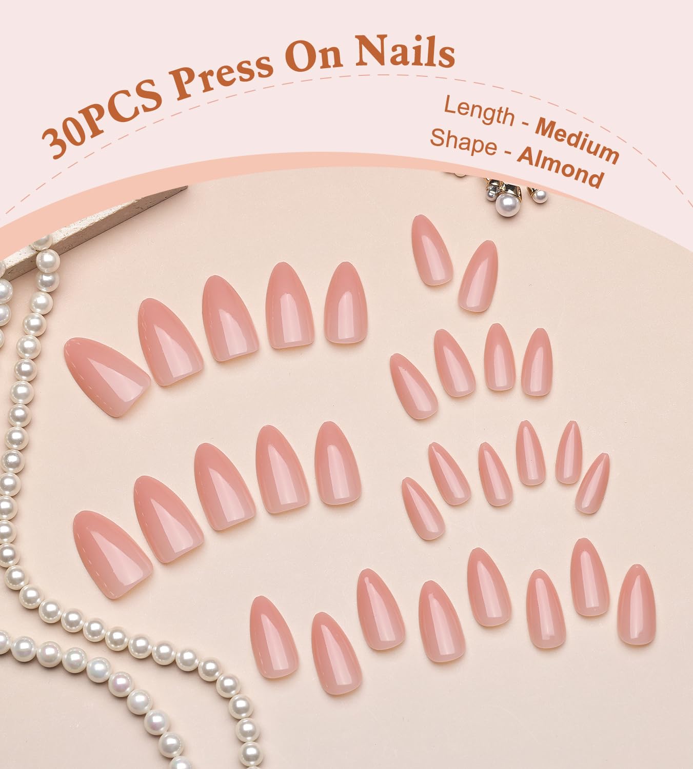 Artquee 30 Pcs Almond Press on Nails Light Pink Medium Fake Nails Acrylic Glossy Reusable Nails Tip Stick on Nails Kit for Women in 15 Sizes