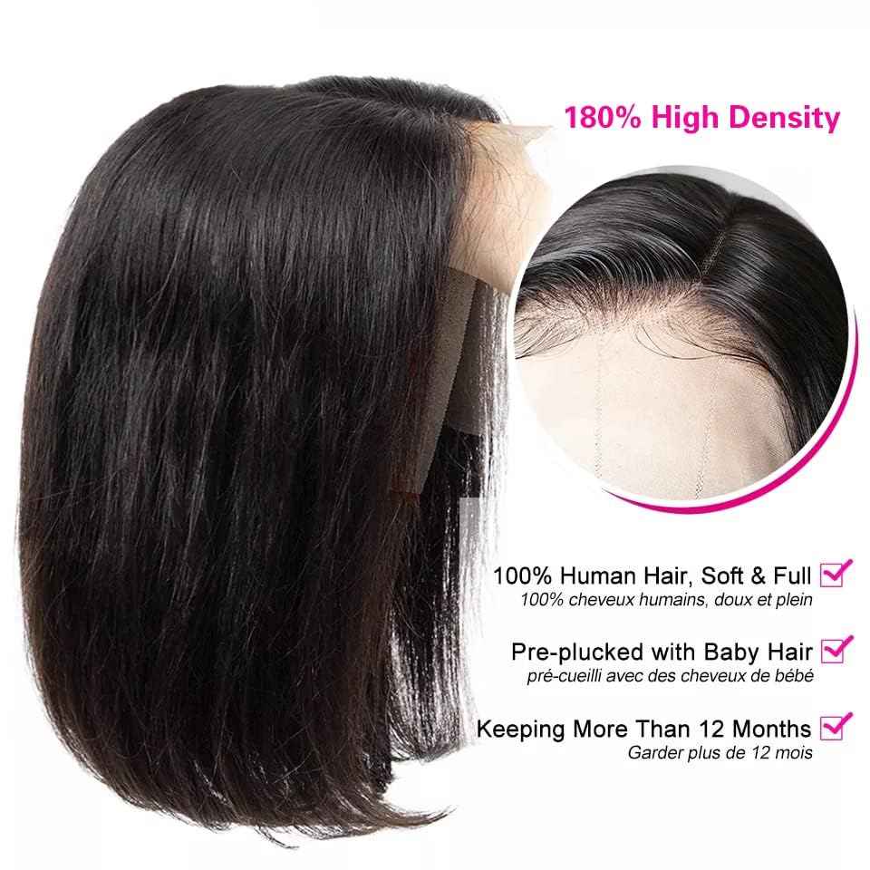 WRIVOX Bob Wig Human Hair 13x4 HD Lace Front Wigs Human Hair Glueless Wigs Human Hair Pre Plucked 180% Density Short Straight Frontal Bob Wig Human Hair Natural Color 12 Inch