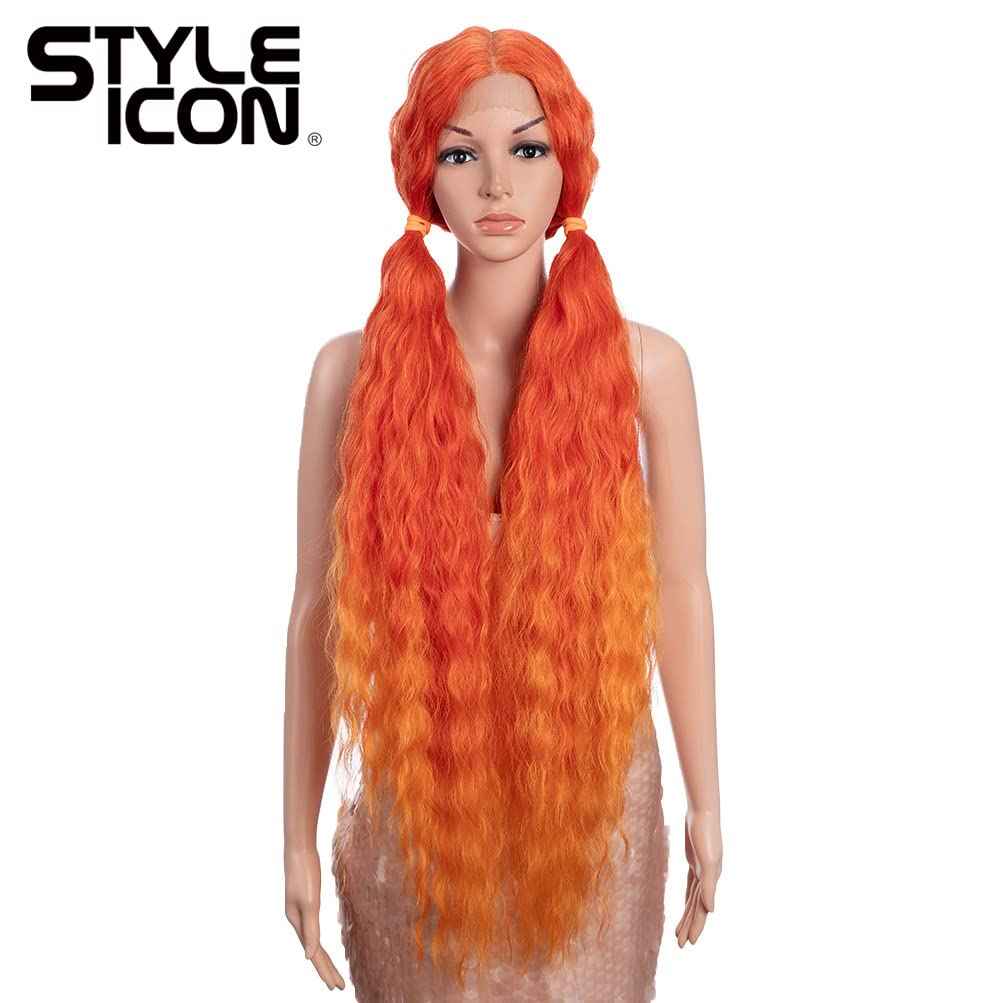 Style Icon 41" Lace Front Wigs Long Wavy Synthetic Wigs with Baby Hair Ombre Orange Bohemian Style Middle Part Half Hand Tied 130% Density Wigs (41", T-RED/ORANGE)