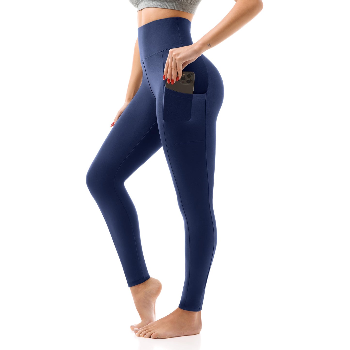 SINOPHANT High Waisted Leggings for Women - Full Length Capri Buttery Soft Yoga Pants for Workout Athletic(Pockets Navy,S-M)