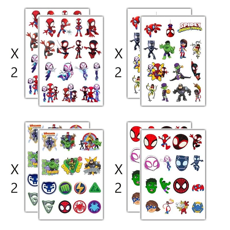 Spider and Friends Temporary Tattoos for Kids - 8 Sheet Set
